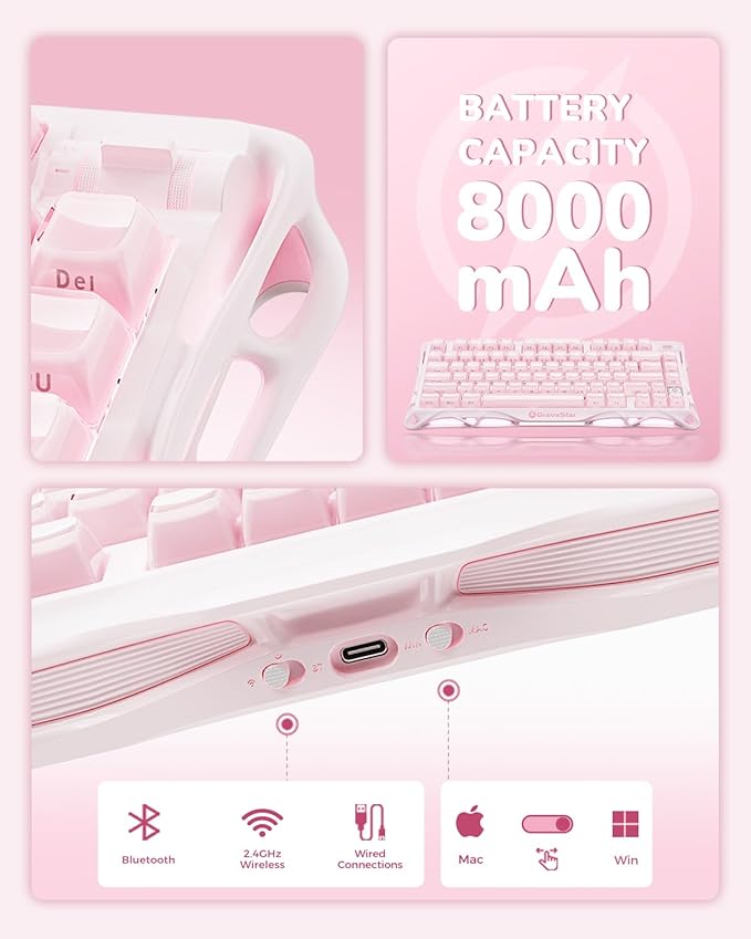 GravaStar Mercury K1 75% Pink Wireless Keyboard Aluminum Alloy Exoskeleton Design Mechanical Gaming Keyboard Gasket Hot-Swap Socket Linear Switches RGB Backlit