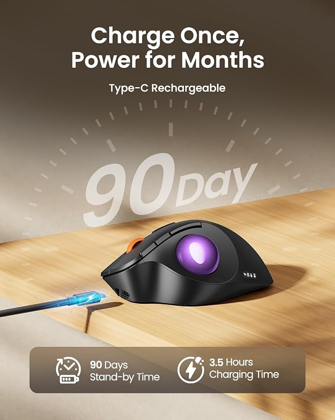 ProtoArc Wireless Bluetooth Trackball Mouse EM02 Two Adjustable Angle Ergonomic Rechargeable Computer Ball Mouse 3 Device Connection Thumb Control and Smooth Tracking for Laptop PC Mac-Purple