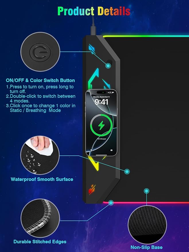 Gaming Mouse Pad RGB 35x15.8 Large Keyboard Desk Mat with Magnetic Wireless Charging for iPhone 24 Light Effects Non-Slip Base Waterproof Ultra-Smooth Surface with Adapter Black