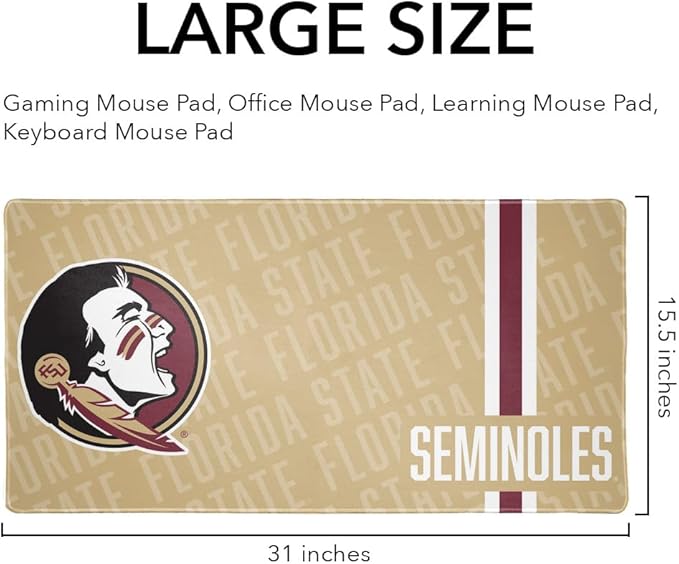 Florida State University FSU Seminoles Mascot Large Gaming Mouse Pad Desk Mat with Stitched Edges Non-Slip Base for Gamer Home and Office 31.5 x 15.7