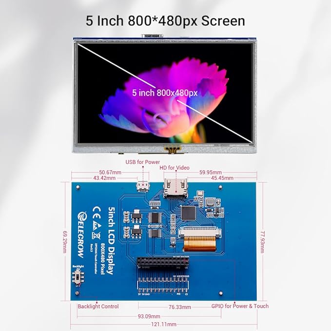 ELECROW 5-Inch Resistive Touch Screen TFT LCD Display 800x480 HD Resolution Compatible with Raspberry Pi 5/4/3/2B/Zero Banana Pi Jetson Nano Windows 11/10/8/7