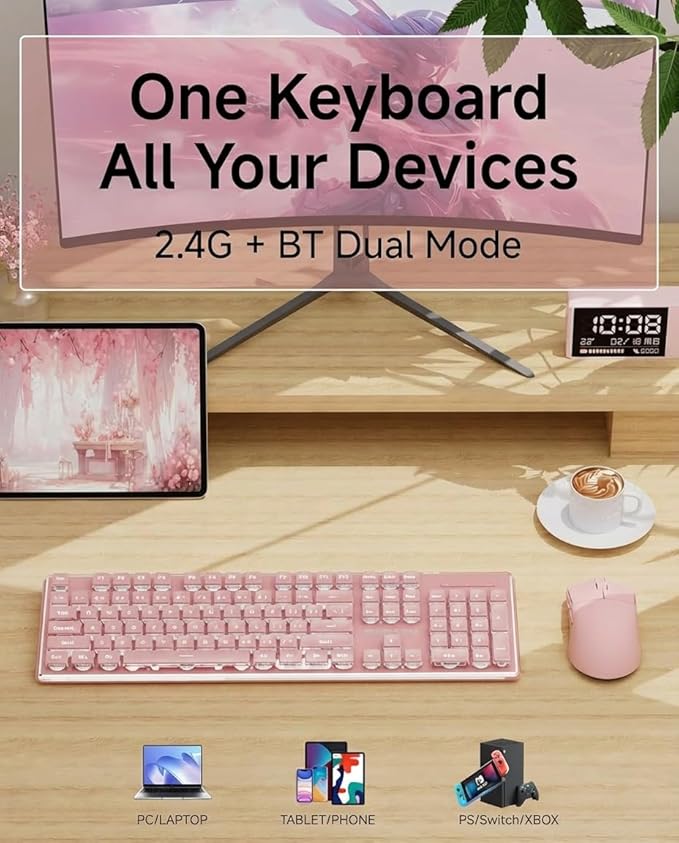 V3 Wireless Keyboard and Mouse with Single Backlit Metal Panel Bluetooth/2.4G Rechargeable Computer Keyboard and Mouse Combo Silent Lighted Full Size Cute Keyboards-Pink
