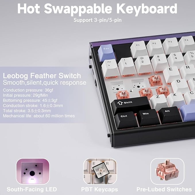 Aula H108 Wireless Mechanical Keyboard Hot Swappable Silent Keyboard Full Size Keyboard with Number Pad Gasket Structure RGB Backlit Computer Gaming Keyboard with PBT Keycaps for PC/Office
