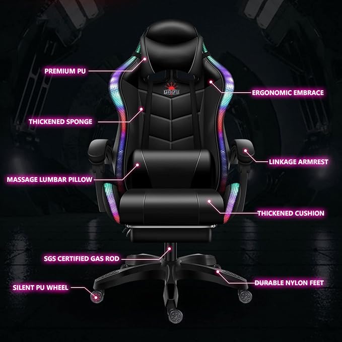 White Gaming Chair with LED Light Ergonomic Pro Gaming Chair with Full Massage Lumbar Support Bluetooth Speakers Computer Chair for Retractible Footrest and Backrest AdjustableWhite