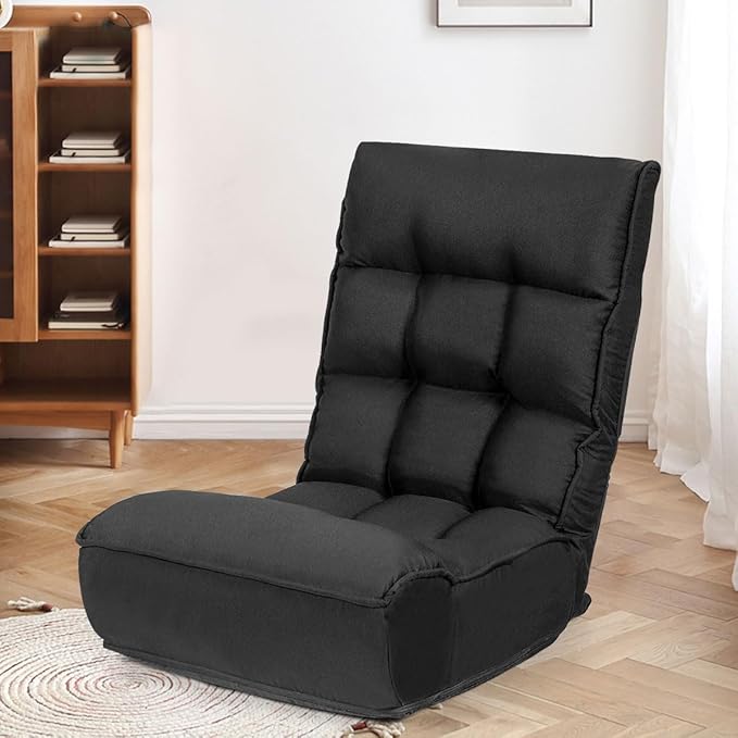 KOMFOTT Folding Floor Chair for Adults Floor Gaming Chair with 5-Position Adjustable Headrest &amp 4-Position Adjustable Backrest Side Pocket Floor Seating Lazy Sofa for Reading Meditating Black