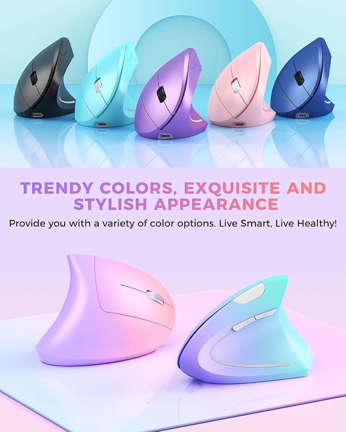 Lekvey Ergonomic Mouse Vertical Wireless Mouse Rechargeable 2.4 GHz Optical Carpal Tunnel Mouse : 800/1200/1600 DPI 6 Buttons for Laptop PC Mac Computer Desktop Notebook etc Pink to Purple