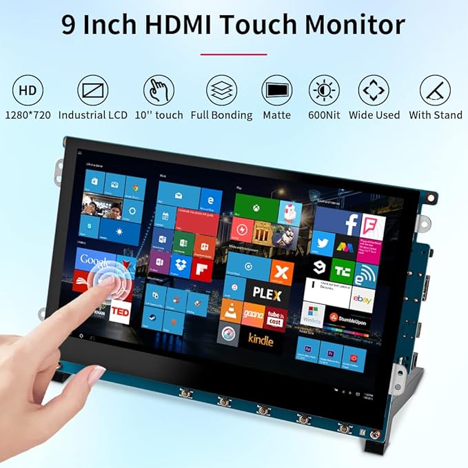 9 Inch Touch Screen Display for Raspberry Pi1280 x 720/ Anti-Glare/Optical Bonding Capacitive Screen/IPS /600 lumens/Wall Mountable/HDMI Portable Monitor