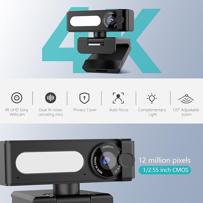 4K Webcam with Dual AI Noise-Cancelling Mics Autofocus Auto Light Correction120° FOVPrivacy CoverPlug and Play Computer Camera for Microsoft Teams/Zoom/Google Voice/Skype/Facetime/YouTubeBlack