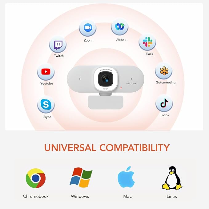 Nuroum V15AFL 2K Webcam with Ring Light for Streaming Autofocus Webcam for PC w/Noise Cancelling Dual Mics 1080P 60fps 75° FOV&ampLightweight USB Web Camera Plug&ampPlay for Zoom/Teams/OBS/Xspli