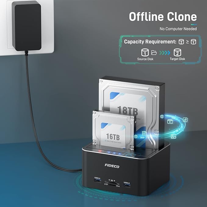 FIDECO Hard Drive Docking Station USB 3.0 Aluminum Hard Drive Docking Stations 2.5/3.5 SATA HDD SSD TF Card Reader and SD Card Reader Offline Clone Support