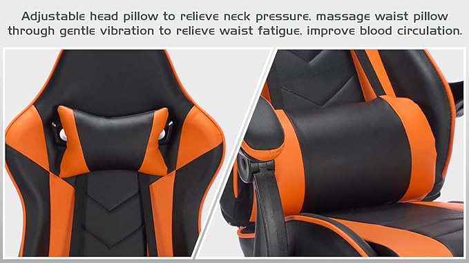 Gaming Chair with Footrest Ergonomic Computer Desk Chair with Massage Lumbar Support &amp Headrest Reclining High-Back PU Leather Office Chair 330LB Capacity for Adults (Black+Orange)