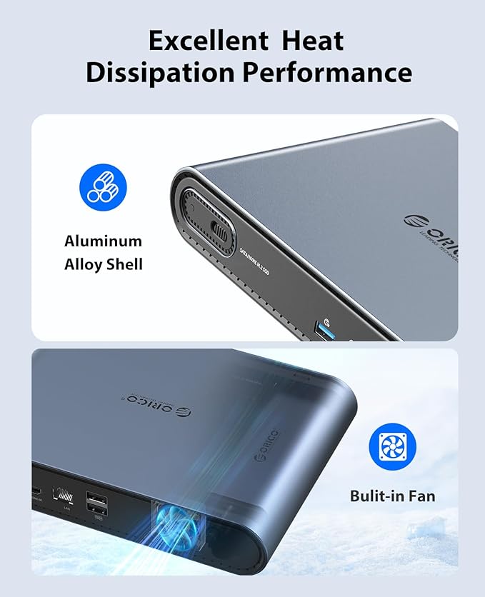 ORICO 10 in 1 USB-C Docking Station with M.2 NVMe/SATA SSD Enclosure 10Gbps USB 3.2 480Mbps USB 2.0 HDMI 4K@60Hz 100W PD RJ45 Ethernet 3.5mm Audio with Volume Knob for MacBook Pro/Air (PTM1)