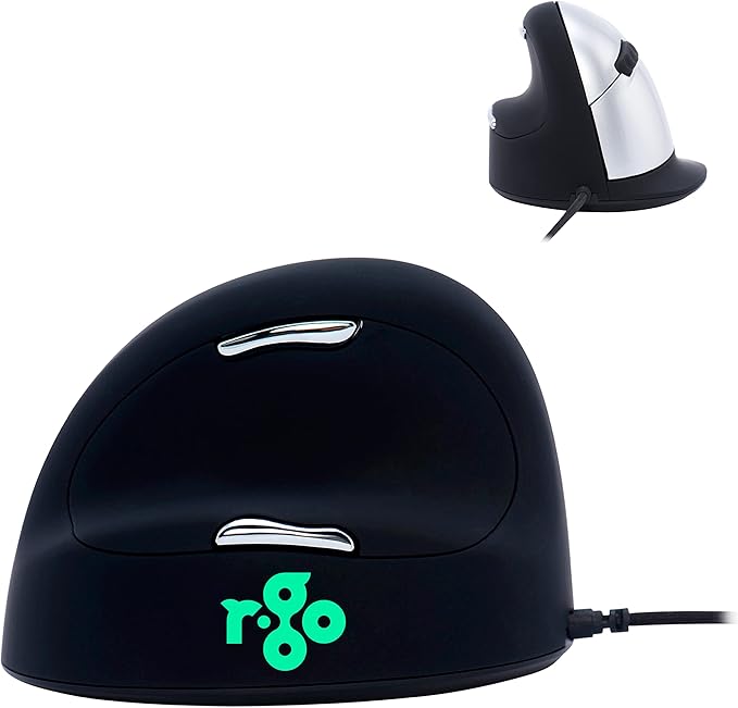 R-Go HE Vertical Ergonomic Mouse for Large Left-Handed with Break Software USB-C Wired Prevents Tennis Elbow/Mouse Arm RSI Silent Click 5 Buttons - Compatible Windows/MacOS Black/Silver