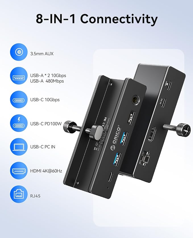 ORICO Clip Docking Station 8-in-1 Clamp USB C Hub with 4K@60Hz HDMI 100W PD Gigabit Ethernet 4xUSB Port AUX 10Gbps Clamp Docking Station for Laptop MacBook PC (Adapter Not Included)