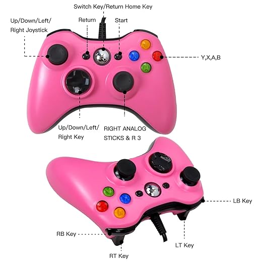 Qblahip USB Wired Vibration Gamepad for Xbox 360 Console and for Windows 10 8 7 PC (Pink)