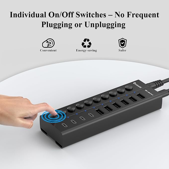 Powered USB Hub 10-Port USB C Hub with 6 USB-A 3.2 4 USB-C 3.2 Ports Individual Switches and 12V/5A Power Adapter Aluminum USB Extension for MacBook Laptop/PC and More(Black)