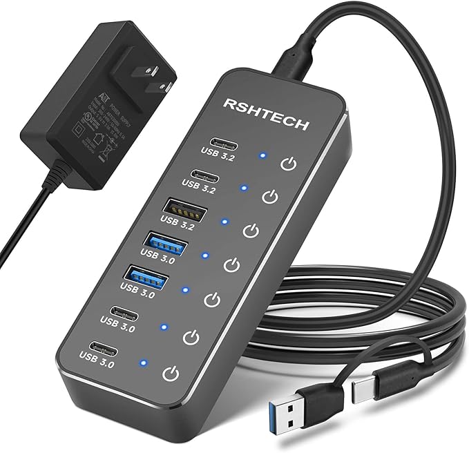 RSHTECH 7-Port Powered USB 3.2/USB-C Hub Splitter with 3 x 10Gbps USB-3.2 Ports (2C + 1A)4 USB-3.0 Ports (2C + 2A) 3.3ft Cable Touch Switches and 5V Power Adapter for Laptop PC