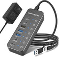RSHTECH 7-Port Powered USB 3.2/USB-C Hub Splitter with 3 x 10Gbps USB-3.2 Ports (2C + 1A)4 USB-3.0 Ports (2C + 2A) 3.3ft Cable Touch Switches and 5V Power Adapter for Laptop PC