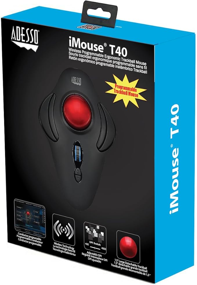 Adesso iMouse T40 Wireless Ergonomic Finger Trackball Mouse with Nano USB Receiver Programmable 7 Button Design and 5 Level DPI Switch for Left and Right Hand