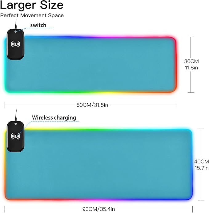 Blue Mouse Pad Gaming Mousepad Non Slip Desk Mat Wireless Charging RGB Computer Mouse Pads Keyboard Mats Pad for Office Home Desktop 35.4 x 15.7 in