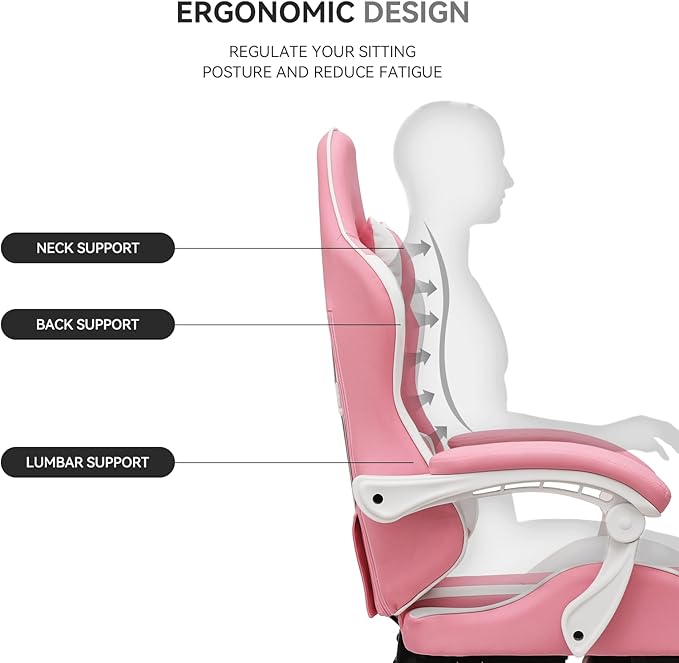 Gaming Chair Ergonomic Computer Chairs with Arms Lumbar Support Footrest Headrest 360°Swivel Chair Adjustable Back and Height Leather PC Chairs for Gaming Study Office Pink
