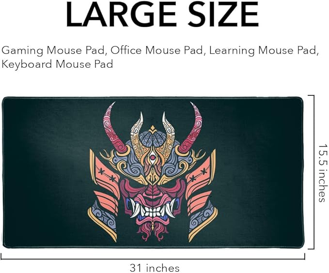 Samurai Warrior Japanese Demon Oni Mask Large Gaming Mouse Pad Desk Mat with Stitched Edges Non-Slip Base