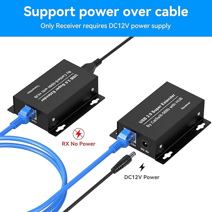 USB Extender Over Ethernet USB 2.0 HUB RJ45 Cat5e/6 196ft/60m up to 480Mbps Transfer Rate No Driver Required Supports POC Power Supply Supports Connecting Keyboard Mouse U Disk Printer etc.