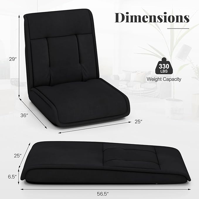 COSTWAY Folding Floor Chair Convertible Lazy Sofa with 14-Poistion Adjustable Backrest 5-Position Adjustable Headrest Cushioned Floor Gaming Chair for Adults Reading Meditating (Black)