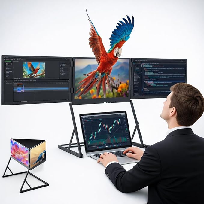 15.6 Laptop Screen Extender Monitor Portable Quad Monitor Just 1 Cable for 3 Screens FHD 1080P IPS Laptop Extender Compatible with Wins/Mac for 13.6 - 17.3 Laptops (Triple screen Grey 15.6)