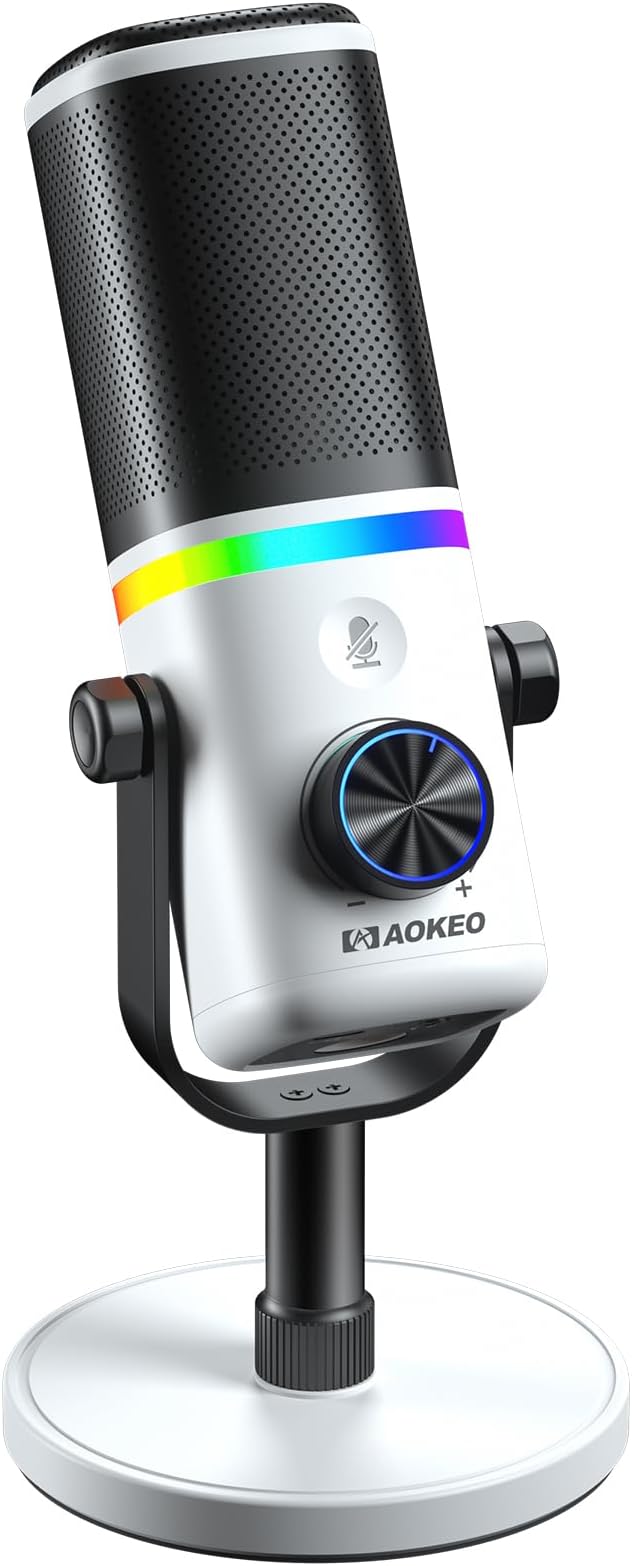 Aokeo Microphone for PC AK-10 USB/XLR Dynamic Desktop Microphone for GamingPodcastStreaming with RGB LightVolume ControlMute ButtonNoise Reduction(White)
