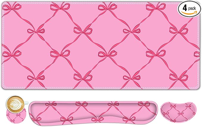 ToLuLu Large Mouse Pad Desk Pad Set Wrist Rest Support Desk Mat for Keyboard Mouse 4PCS 35.4”x15.7 XXL Giant Mouse Pad Non-Slip Base Stitched Edges Mousepad Office Desk Decor Hot Pink Bow