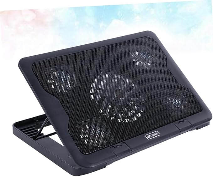 Laptop Cooling Pad with 5 Fans USB Powered Anti-Skid Cooler Stand for Gaming and Work Laptops Adjustable Multi-Angle Heatsink Base in Black for Enhanced Heat Dissipation
