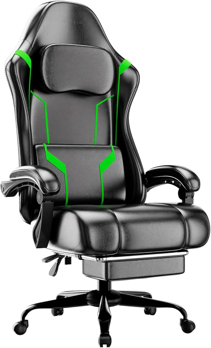 Gaming Chair with Pocket Spring Cushion and Footrest Ergonomic Computer Chair for Adults Breathable PU Leather Game Chair Adjustable Headrest and Lumbar Support Office Desk Chair