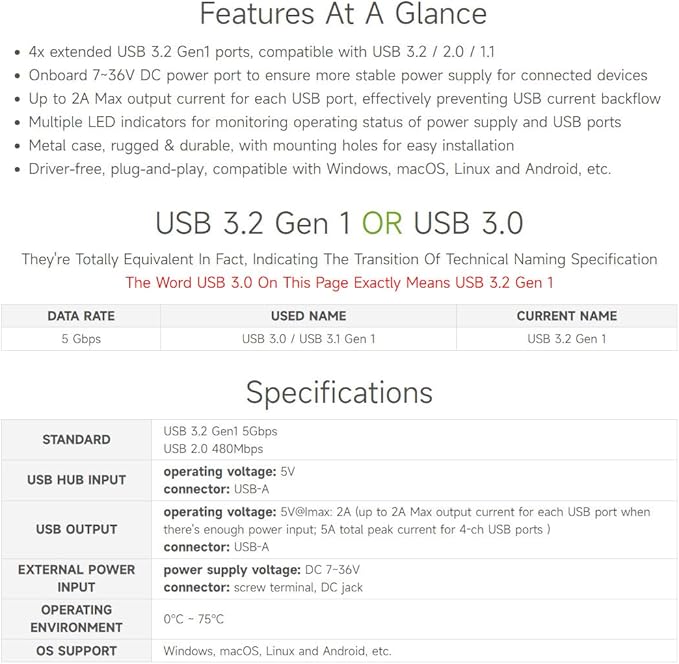 Waveshare 4-Ch USB 3.2 Gen1 HUB Compatible with Windows macOS Linux and Android Metal Case with Wall-Mount Support Driver-Free Plug-and-Play