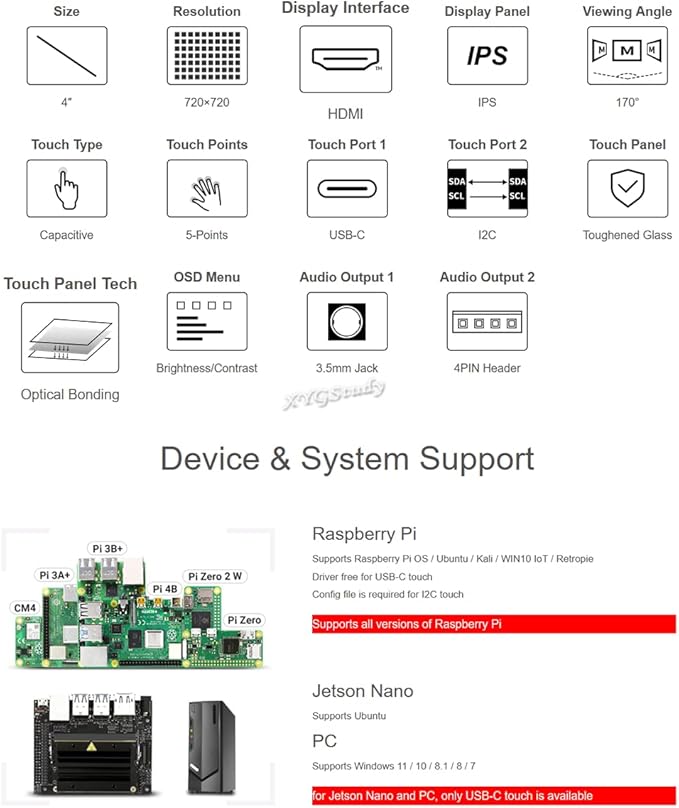 4inch HDMI Capacitive Touch IPS LCD Display (C) Screen Resolution 720×720 Compatible with Raspberry Pi 5 4 3 Jetson Nano AI PC Windows 11/10 / 8.1/8 / 7