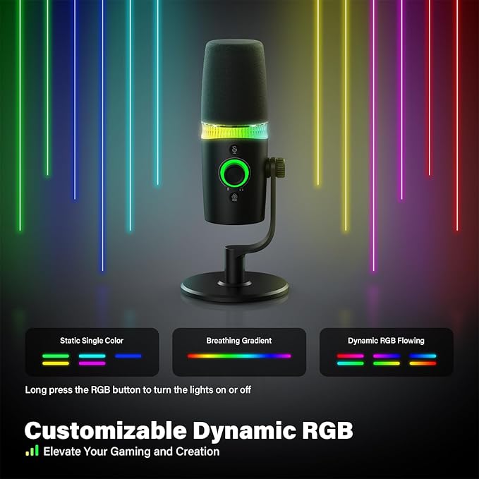 USB/XLR Dynamic Microphone Podcast &amp Gaming Microphone for PC Vocal Mic with RGB Lighting Tap-to-Mute Gain Control &amp Headphone Monitoring for YouTube Streaming
