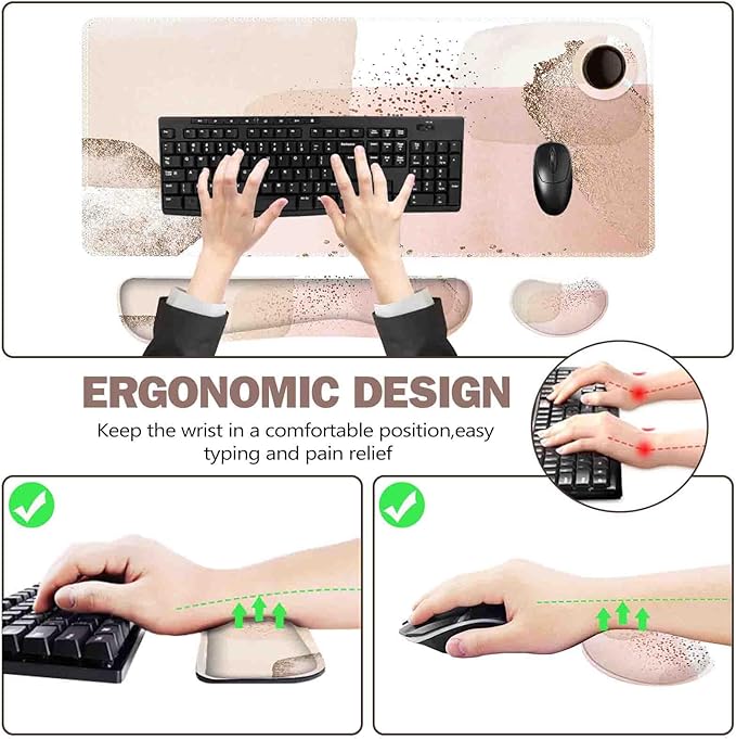 ToLuLu Extended Gaming Mouse Pad Memory Foam Ergonomic Keyboard Mouse Wrist Rest Support Set Large Desk Mat with Stitched Edges Non-Slip Base Mousepad for Home Office Game Study Pink Gold