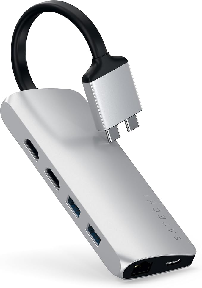 Satechi Type-C Dual Multimedia Adapter with Dual 4K HDMI USB-C PD Gigabit Ethernet Micro/SD Card Readers USB 3.0 - for M2/ M1 MacBook Pro/Max - Silver