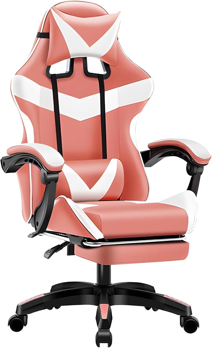 Ergonomic Gaming Chair with FootrestPu Leather Video Game Chairs for Adults 360°Swivel Adjustable Office ChairComfortable Game Lumbar Headrest Backrest RecliningPink+WhitePedals