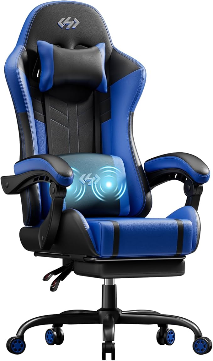 HLDIRECT Gaming Chair Ergonomic Video Game Seat with 360° Swivel &amp Lumbar Massage Computer Chair PU Leather Cushion for Adults Home/Office Use (Black &amp Blue)