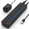 USB hubPowered USB hub 11-Port hub Splitter10 USB 3.0 Data Transfer Port + 1 Smart Charging PortIndependent Switch (with LED Working Indicator) USB 3.0 Hub Powered with Power Adapter for Mac/PC