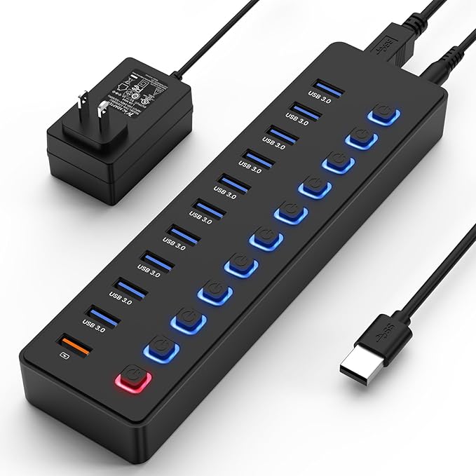 USB hubPowered USB hub 11-Port hub Splitter10 USB 3.0 Data Transfer Port + 1 Smart Charging PortIndependent Switch (with LED Working Indicator) USB 3.0 Hub Powered with Power Adapter for Mac/PC