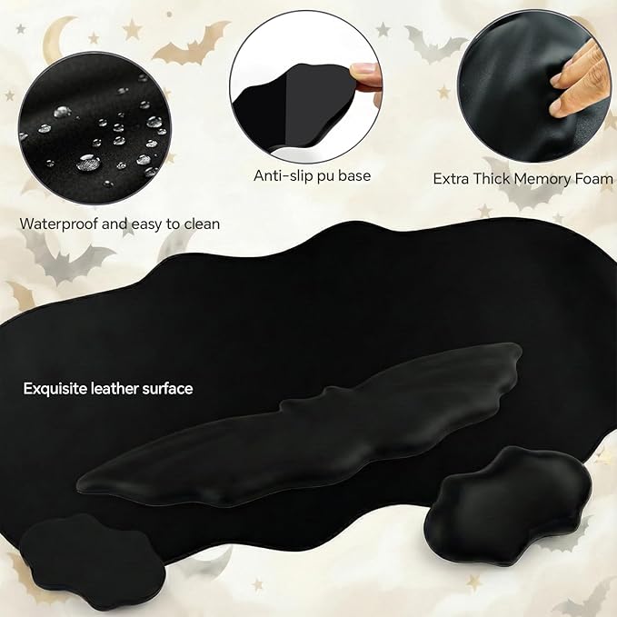 Bat Mouse Pad PU Leather Mousepad 3 in 1 Keyboard Wrist Rest and Mouse Wrist Rest Ergonomic Bat Wrist Rest Waterproof Leather Surface Easy Typing Cushion with Memory Foam for Home Office