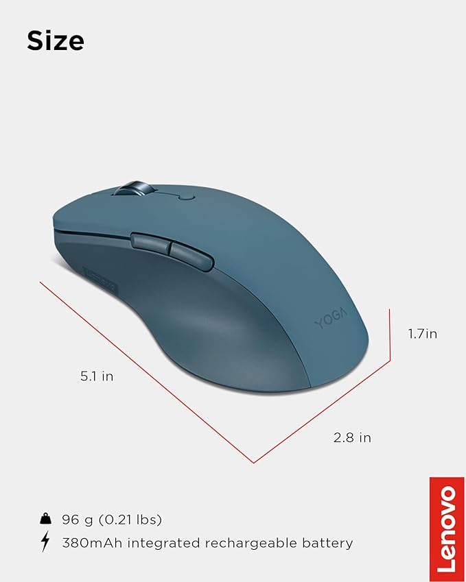 Lenovo Yoga Pro Mouse Bluetooth USB-C Rechargable Dual Mode Bluetooth 6 Button Right Handed Design Ergonomic Design Programmable Buttons 2-Way Metal Scroll Wheel Tidal Teal