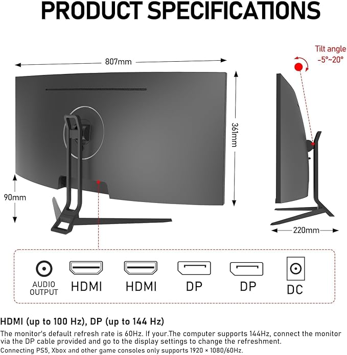 Gawfolk 34 Inch Ultrawide Curved 144Hz Gaming Computer Monitor 1500R PC Screen21:9 UWQHD (3440x1440)Adaptive Sync178° Viewing AngleDisplay Port、HDMI2.0Compatible with wall mounting - Black