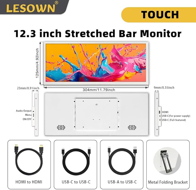 12.3-inch Strip Widescreen Portable HDMI Bar Monitor HD 1920x720 Stretched Secondary Display 1400:1 Contrast for PC Laptop
