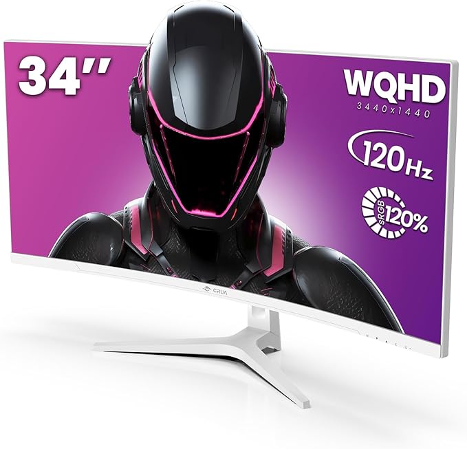CRUA 34 Curved Gaming Monitor WQHD 3440x1440 120Hz Computer Monitors 1500R VA Screen 120% sRGB AMD FreeSync Blue Light Filter HDMI 2.0 &amp DP 1.4 Wall Mountable Installs- White