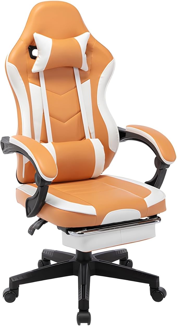 Ergonomic Video Game ChairsPu Leather Video Game Chairs For Adults 360°Swivel Adjustable Office Chair Gamer ChairWith Footrest Comfortable Game Lumbar Headrest Backrest RecliningOrange+whit