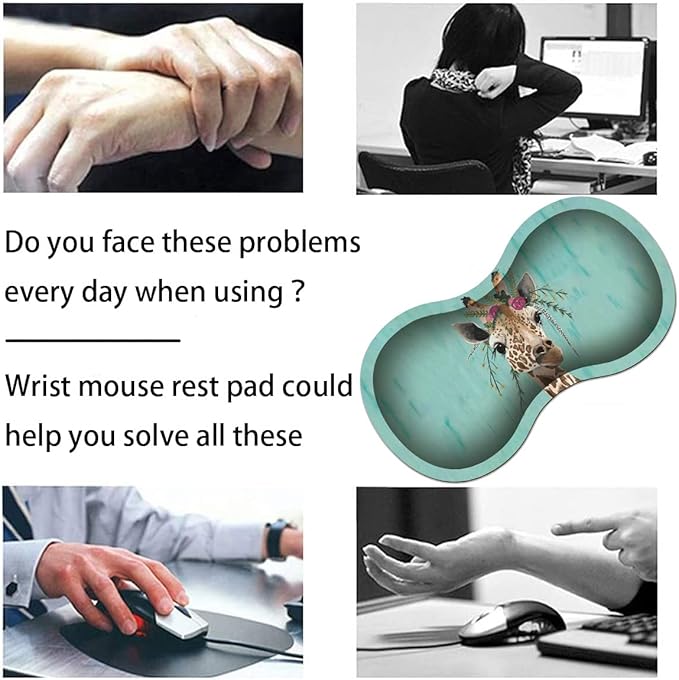 Keyboard Wrist Rest Pad + Square Mouse Pad + Wrist Rest Support Pad + Coaster Ergonomic Memory Wrist Rest Support 4-Piece Combo Set for Gaming and Office Green Rustic Wood and Giraffe