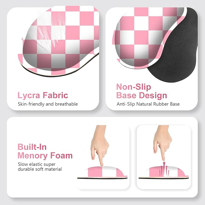 Pastel Pink White Checker Mouse Pad Set 4 in1 Ergonomics Keyboard Desk Mat with Memory Foam Wrist Rest Extended Game Mousepad Non-Slip Large Gaming Desk Pad Matt Easy Typing Pain Relief